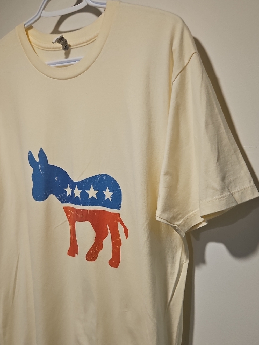 Cream Graphic Tee with Red & Blue Donkey Print Democrat Large